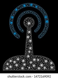 Glossy mesh radio joystick with glare effect. Abstract illuminated model of radio joystick icon. Shiny wire carcass polygonal mesh radio joystick. Vector abstraction on a black background.