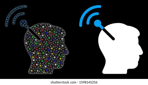 Glossy mesh radio neural interface icon with glitter effect. Abstract illuminated model of radio neural interface. Shiny wire carcass polygonal mesh radio neural interface icon.