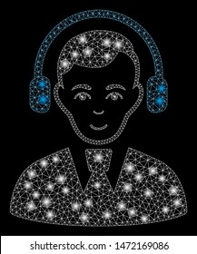 Glossy mesh radio operator with glare effect. Abstract illuminated model of radio operator icon. Shiny wire frame triangular mesh radio operator. Vector abstraction on a black background.