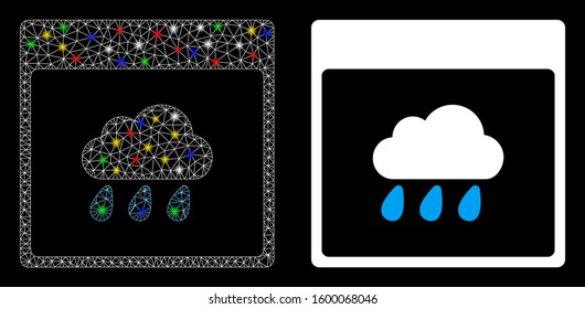 Glossy mesh rain cloud calendar page icon with lightspot effect. Abstract illuminated model of rain cloud calendar page. Shiny wire frame triangular mesh rain cloud calendar page icon.