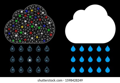 Glossy mesh rain cloud icon with glitter effect. Abstract illuminated model of rain cloud. Shiny wire frame polygonal mesh rain cloud icon. Vector abstraction on a black background.