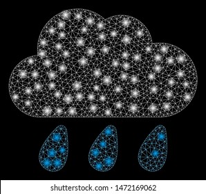 Glossy mesh rain cloud with sparkle effect. Abstract illuminated model of rain cloud icon. Shiny wire frame polygonal mesh rain cloud. Vector abstraction on a black background.