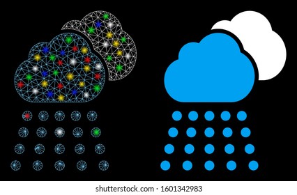 Glossy mesh rain clouds icon with glare effect. Abstract illuminated model of rain clouds. Shiny wire carcass triangular mesh rain clouds icon. Vector abstraction on a black background.