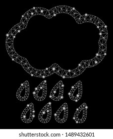 Glossy mesh rain with lightspot effect. Abstract illuminated model of rain icon. Shiny wire frame polygonal mesh rain. Vector abstraction on a black background.