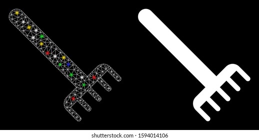 Glossy mesh rake icon with glow effect. Abstract illuminated model of rake. Shiny wire frame polygonal mesh rake icon. Vector abstraction on a black background.