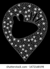 Glossy mesh rats marker with sparkle effect. Abstract illuminated model of rats marker icon. Shiny wire carcass polygonal mesh rats marker. Vector abstraction on a black background.