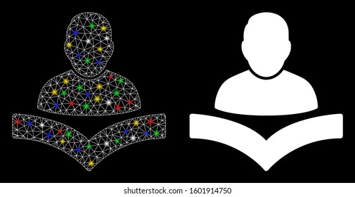 Glossy mesh reader boy icon with glare effect. Abstract illuminated model of reader boy. Shiny wire frame polygonal mesh reader boy icon. Vector abstraction on a black background.
