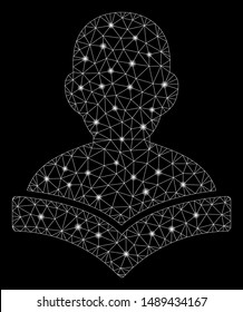 Glossy mesh reader student with glitter effect. Abstract illuminated model of reader student icon. Shiny wire carcass triangular network reader student. Vector abstraction on a black background.