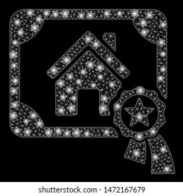 Glossy mesh realty certification with glare effect. Abstract illuminated model of realty certification icon. Shiny wire carcass polygonal network realty certification.