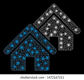 Glossy mesh realty with lightspot effect. Abstract illuminated model of realty icon. Shiny wire frame polygonal mesh realty. Vector abstraction on a black background.