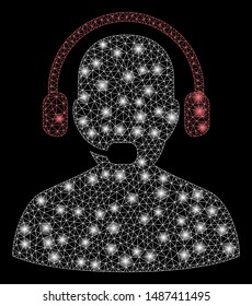 Glossy mesh receptionist with lightspot effect. Abstract illuminated model of receptionist icon. Shiny wire carcass polygonal mesh receptionist. Vector abstraction on a black background.