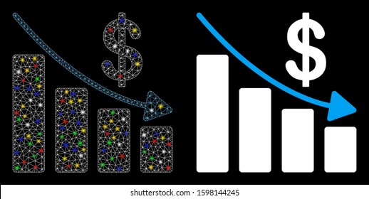 Glossy mesh recession icon with lightspot effect. Abstract illuminated model of recession. Shiny wire carcass triangular mesh recession icon. Vector abstraction on a black background.