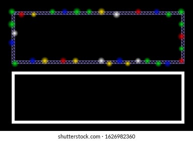 Glossy mesh rectangle frame icon with sparkle effect. Abstract illuminated model of rectangle frame. Shiny wire carcass polygonal mesh rectangle frame icon. Vector abstraction on a black background.