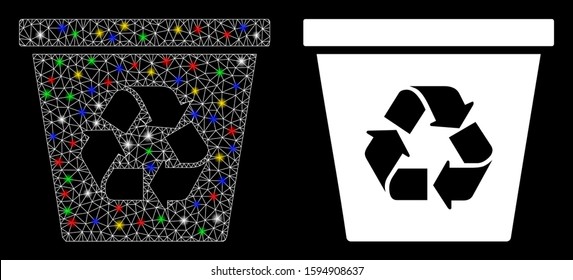 Glossy mesh recycle bin icon with glare effect. Abstract illuminated model of recycle bin. Shiny wire carcass triangular network recycle bin icon. Vector abstraction on a black background.