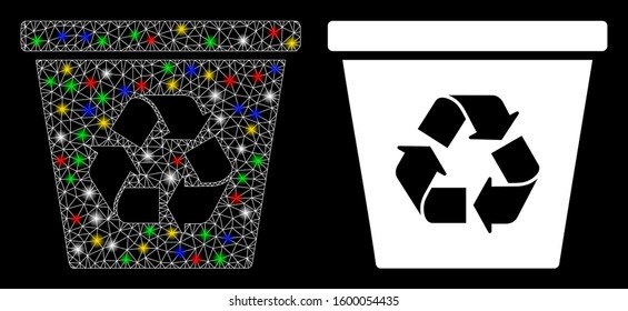 Glossy mesh recycle bin icon with glare effect. Abstract illuminated model of recycle bin. Shiny wire carcass polygonal network recycle bin icon. Vector abstraction on a black background.