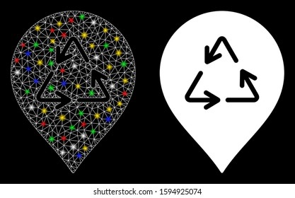 Glossy mesh recycling marker icon with glitter effect. Abstract illuminated model of recycling marker. Shiny wire frame triangular mesh recycling marker icon. Vector abstraction on a black background.