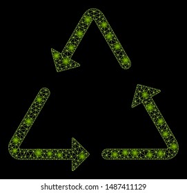 Glossy mesh recycling triangle with lightspot effect. Abstract illuminated model of recycling triangle icon. Shiny wire frame polygonal mesh recycling triangle.