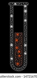 Glossy mesh red liquid test tube with sparkle effect. Abstract illuminated model of red liquid test tube icon. Shiny wire carcass polygonal mesh red liquid test tube.