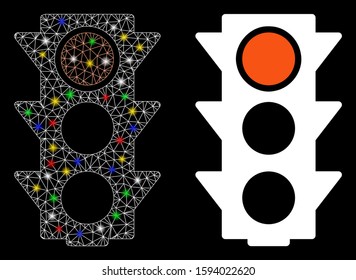 Glossy mesh red traffic lights icon with sparkle effect. Abstract illuminated model of red traffic lights. Shiny wire carcass polygonal mesh red traffic lights icon.