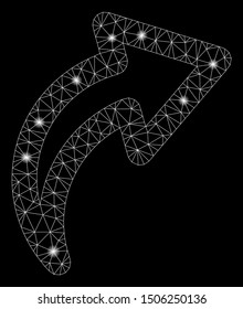 Glossy mesh redo with glare effect. Abstract illuminated model of redo icon. Shiny wire carcass triangular mesh redo. Vector abstraction on a black background.