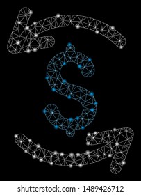 Glossy mesh refresh balance with glare effect. Abstract illuminated model of refresh balance icon. Shiny wire carcass triangular mesh refresh balance. Vector abstraction on a black background.