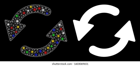 Glossy mesh refresh CCW icon with glare effect. Abstract illuminated model of refresh CCW. Shiny wire frame polygonal mesh refresh CCW icon. Vector abstraction on a black background.