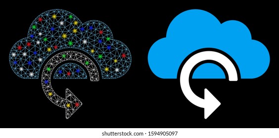 Glossy mesh refresh icon with glitter effect. Abstract illuminated model of refresh. Shiny wire carcass polygonal network refresh icon. Vector abstraction on a black background.