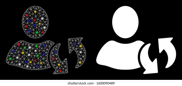 Glossy mesh refresh icon with glow effect. Abstract illuminated model of refresh. Shiny wire frame polygonal network refresh icon. Vector abstraction on a black background.
