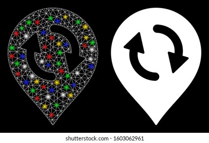 Glossy mesh refresh map marker icon with glow effect. Abstract illuminated model of refresh map marker. Shiny wire frame polygonal mesh refresh map marker icon.