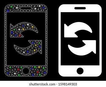 Glossy mesh refresh smartphone icon with lightspot effect. Abstract illuminated model of refresh smartphone. Shiny wire carcass triangular mesh refresh smartphone icon.
