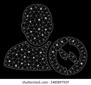 Glossy mesh refresh user with glow effect. Abstract illuminated model of refresh user icon. Shiny wire frame triangular mesh refresh user. Vector abstraction on a black background.