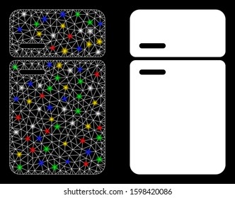 Glossy mesh refrigerator icon with sparkle effect. Abstract illuminated model of refrigerator. Shiny wire carcass triangular mesh refrigerator icon. Vector abstraction on a black background.