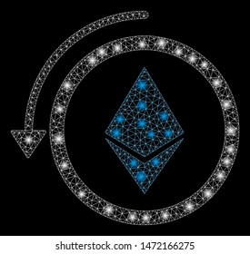Glossy mesh refund Ethereum crystall with lightspot effect. Abstract illuminated model of refund Ethereum crystall icon. Shiny wire frame triangular mesh refund Ethereum crystall.