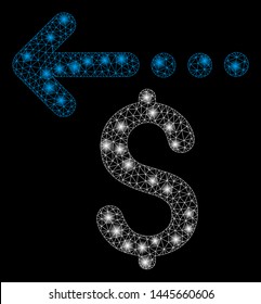 Glossy mesh refund with glow effect. Abstract illuminated model of refund icon. Shiny wire frame triangular network refund. Vector abstraction on a black background.