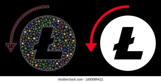 Glossy mesh refund Litecoin icon with sparkle effect. Abstract illuminated model of refund Litecoin. Shiny wire carcass polygonal network refund Litecoin icon.