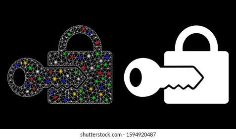 Glossy mesh registration key icon with sparkle effect. Abstract illuminated model of registration key. Shiny wire carcass polygonal mesh registration key icon.