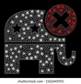 Glossy mesh reject republican with glitter effect. Abstract illuminated model of reject republican icon. Shiny wire frame polygonal network reject republican. Vector abstraction on a black background.