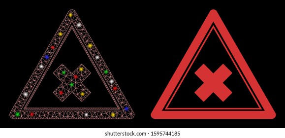 Glossy mesh reject triangle icon with glare effect. Abstract illuminated model of reject triangle. Shiny wire frame polygonal mesh reject triangle icon. Vector abstraction on a black background.