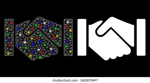 Glossy mesh relation handshake icon with glare effect. Abstract illuminated model of relation handshake. Shiny wire frame triangular network relation handshake icon.