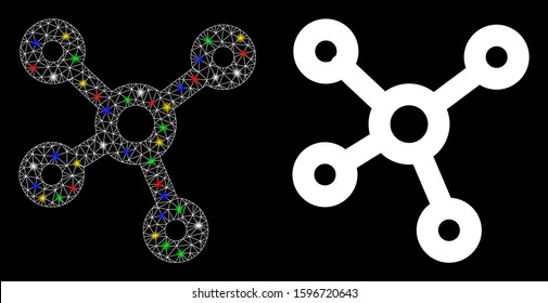 Glossy mesh relations icon with glare effect. Abstract illuminated model of relations. Shiny wire frame triangular mesh relations icon. Vector abstraction on a black background.