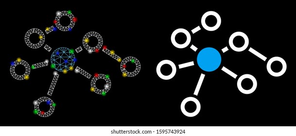Glossy mesh relations icon with glitter effect. Abstract illuminated model of relations. Shiny wire frame polygonal network relations icon. Vector abstraction on a black background.