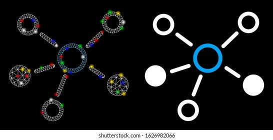 Glossy mesh relations icon with glow effect. Abstract illuminated model of relations. Shiny wire frame polygonal mesh relations icon. Vector abstraction on a black background.