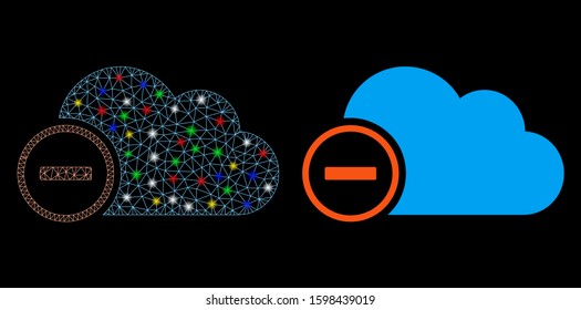 Glossy mesh remove icon with glare effect. Abstract illuminated model of remove. Shiny wire carcass triangular mesh remove icon. Vector abstraction on a black background.