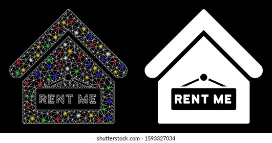 Glossy mesh rent me icon with glitter effect. Abstract illuminated model of rent me. Shiny wire carcass polygonal mesh rent me icon. Vector abstraction on a black background.