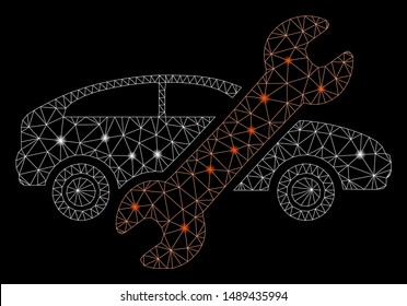 Glossy mesh repair car with glitter effect. Abstract illuminated model of repair car icon. Shiny wire frame triangular mesh repair car. Vector abstraction on a black background.