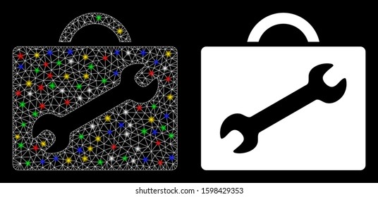 Glossy mesh repair equipment case icon with lightspot effect. Abstract illuminated model of repair equipment case. Shiny wire frame polygonal mesh repair equipment case icon.