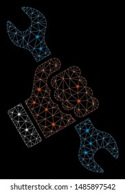 Glossy mesh repair with glare effect. Abstract illuminated model of repair icon. Shiny wire carcass polygonal mesh repair. Vector abstraction on a black background.