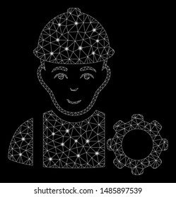 Glossy mesh repairman with glow effect. Abstract illuminated model of repairman icon. Shiny wire frame triangular network repairman. Vector abstraction on a black background.