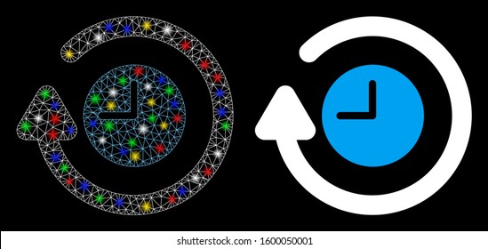 Glossy mesh repeat clock icon with glow effect. Abstract illuminated model of repeat clock. Shiny wire carcass polygonal mesh repeat clock icon. Vector abstraction on a black background.