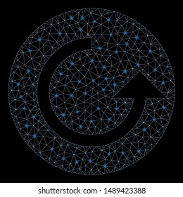 Glossy mesh repeat with glow effect. Abstract illuminated model of repeat icon. Shiny wire frame triangular network repeat. Vector abstraction on a black background.
